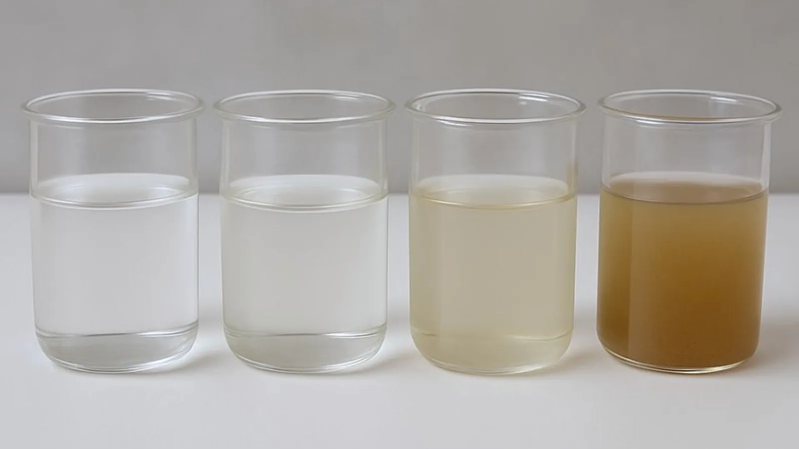 Four beakers in a row showing the same produced water at successive treatment stages, from opaque brown through to clear.