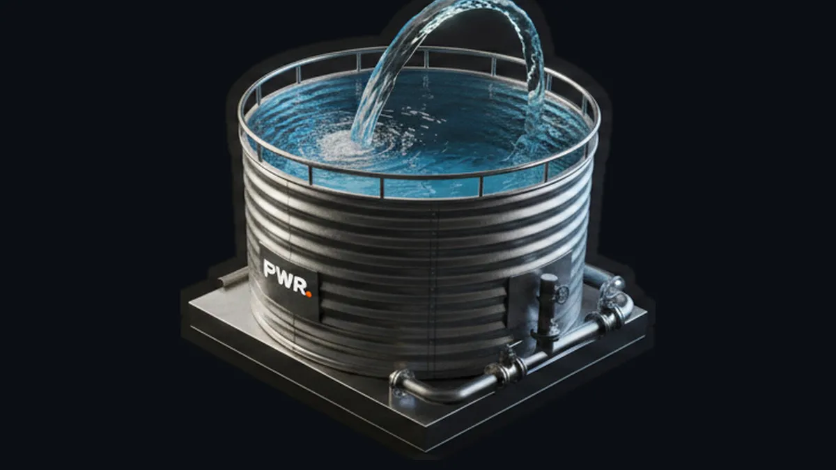 Isometric render of a bolted steel tank holding treated water, with a discharge arc and clean steel pipework.